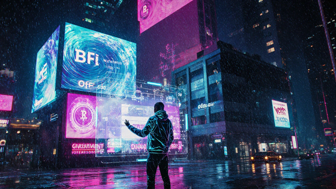 Cyber‑punk Stadt mit holographischer DeFi‑Versicherung und sofortiger Auszahlung.
