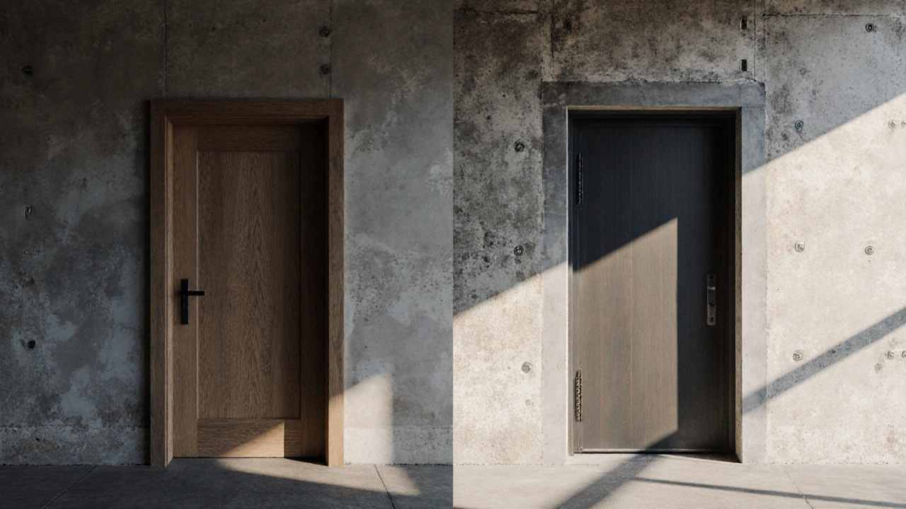 Vergleich: Tür mit Zarge links, zargenlose Tür rechts in massiver Wand – struktureller Kontrast.