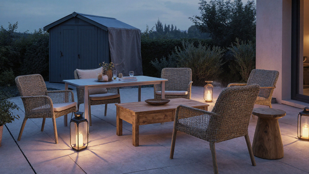 Abendliche Terrasse mit Aluminiumtisch, Rattan‑Stühlen und Teak‑Couchtisch unter warmem Licht.