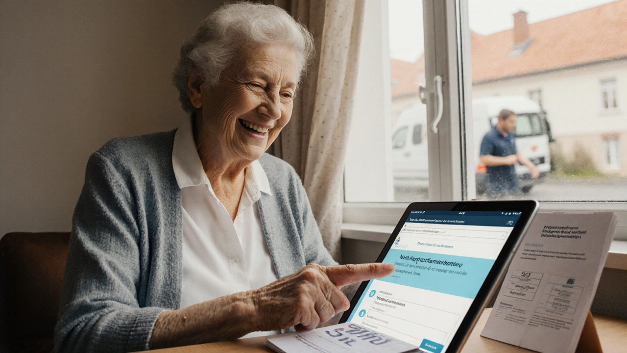 Ein älterer Mieter nutzt eine einfache App zur Mietverwaltung, während ein Handwerker ankommt.