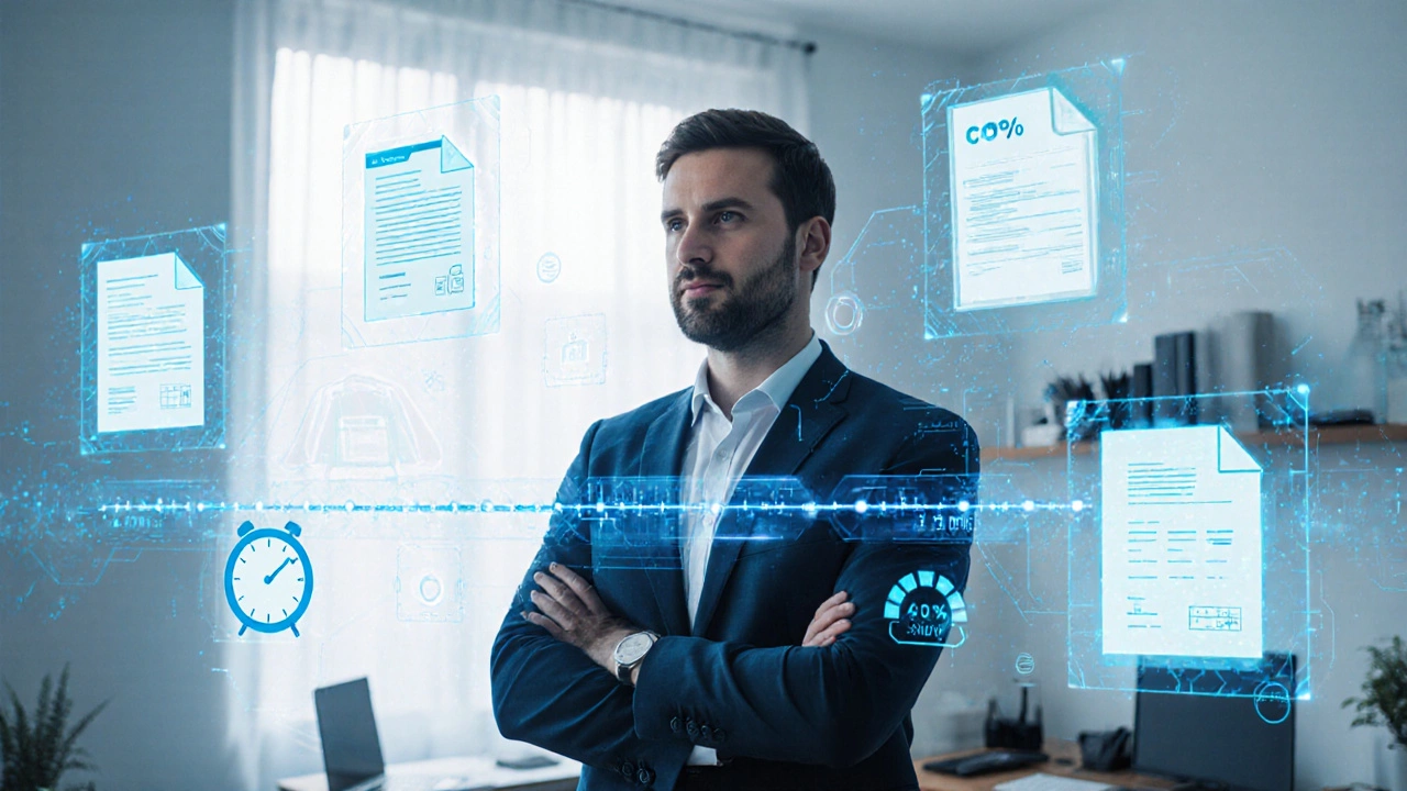 Eine digitale Übersicht mit Verträgen, Zahlungserinnerungen und automatisierten Abrechnungen in einem modernen Büro.