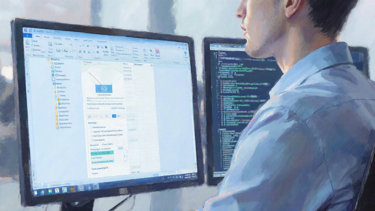 Ergonomischer Arbeitsplatz: Monitore in Augenhöhe, entspannte Haltung, E‑Mail und Tabelle sichtbar.