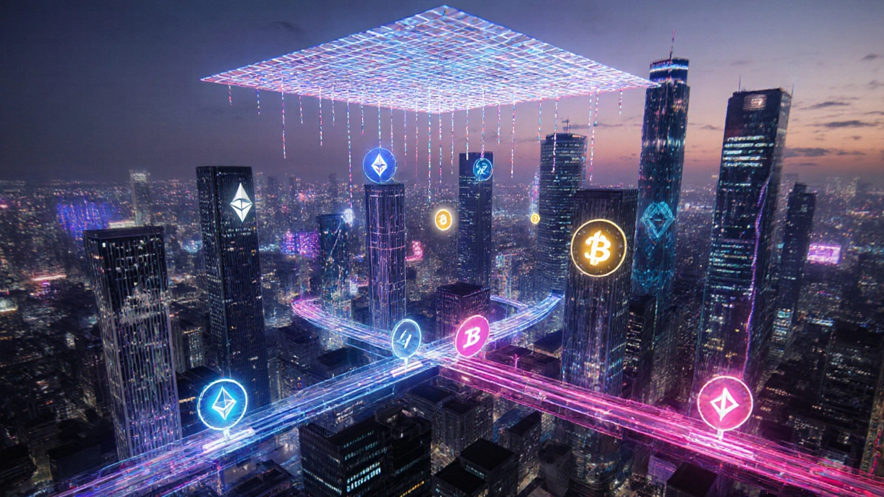 Futuristic cityscape of multiple blockchains linked by glowing bridges and token streams.