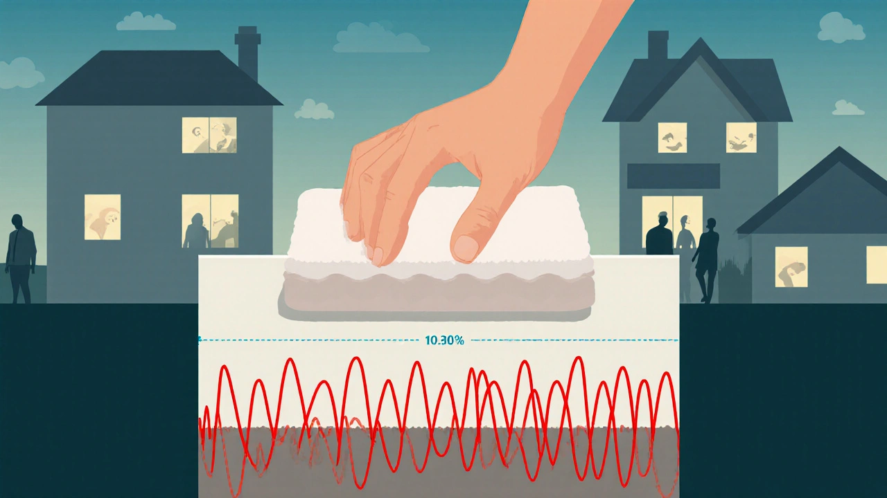 Haus als menschliches Wesen, das von schädlichen Vibrationen pulsiert, während eine elastische Dämpfungsschicht eingefügt wird, um den Lärm zu stoppen.
