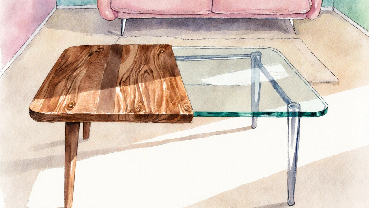 Illustration: Couchtisch halb Holz, halb Glas, betont Materialkontrast.