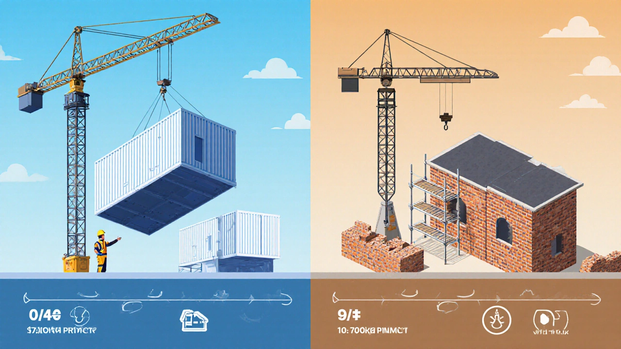 Isometrische Darstellung zweier Bauabläufe: schneller Modulaufbau vs. langsames Mauerwerk.