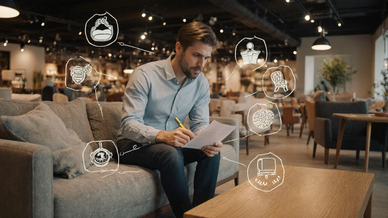 Käufer prüft Materialien und Design eines Sofas mit einer Checkliste in der Hand.