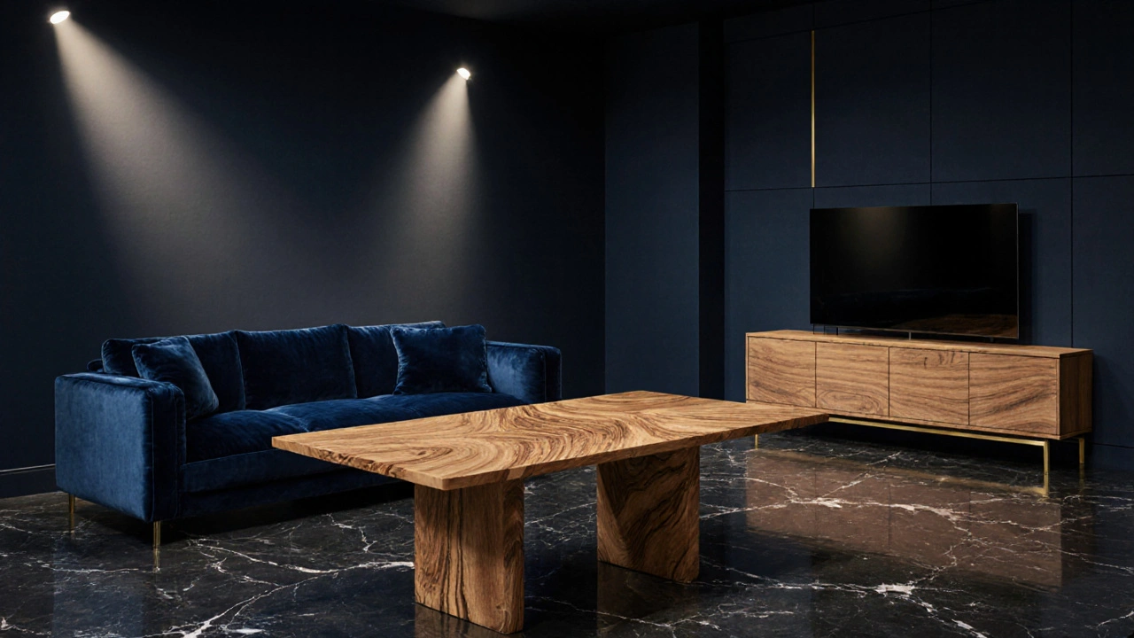 Luxuriöses Sofa, maßgefertigter Schrank und Betten in einem eleganten Showroom.