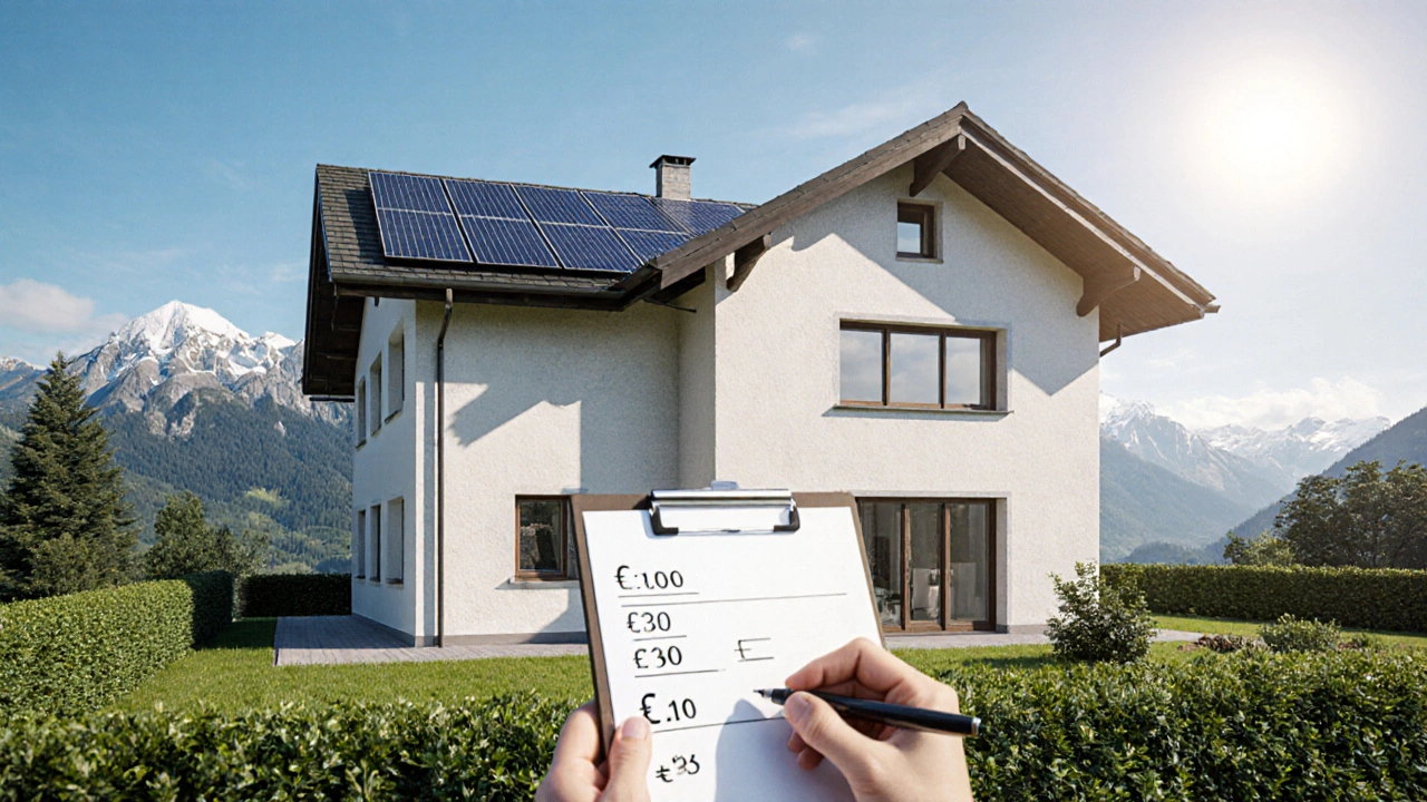 Modernes renoviertes Haus mit Solardach und Finanzunterlagen in der Hand.