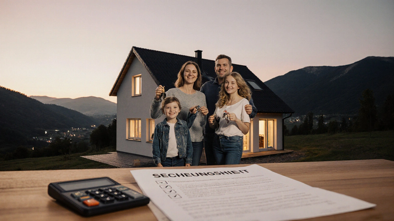 Müller‑Familie mit Hausschlüsseln vor ihrem fertigen Fertighaus, umgeben von Finanzunterlagen.