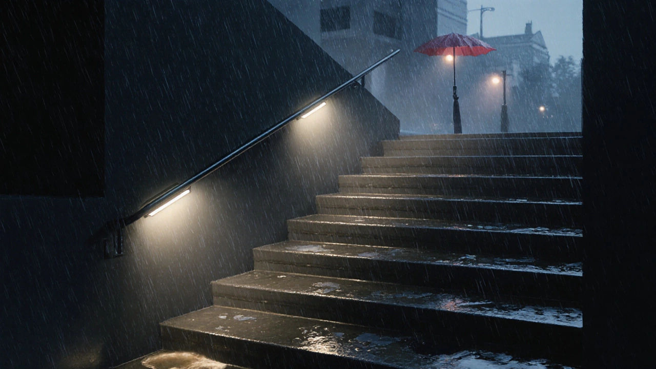 Outdoor staircase with weatherproof LED lights glowing steadily in twilight rain, reflecting on wet steps.