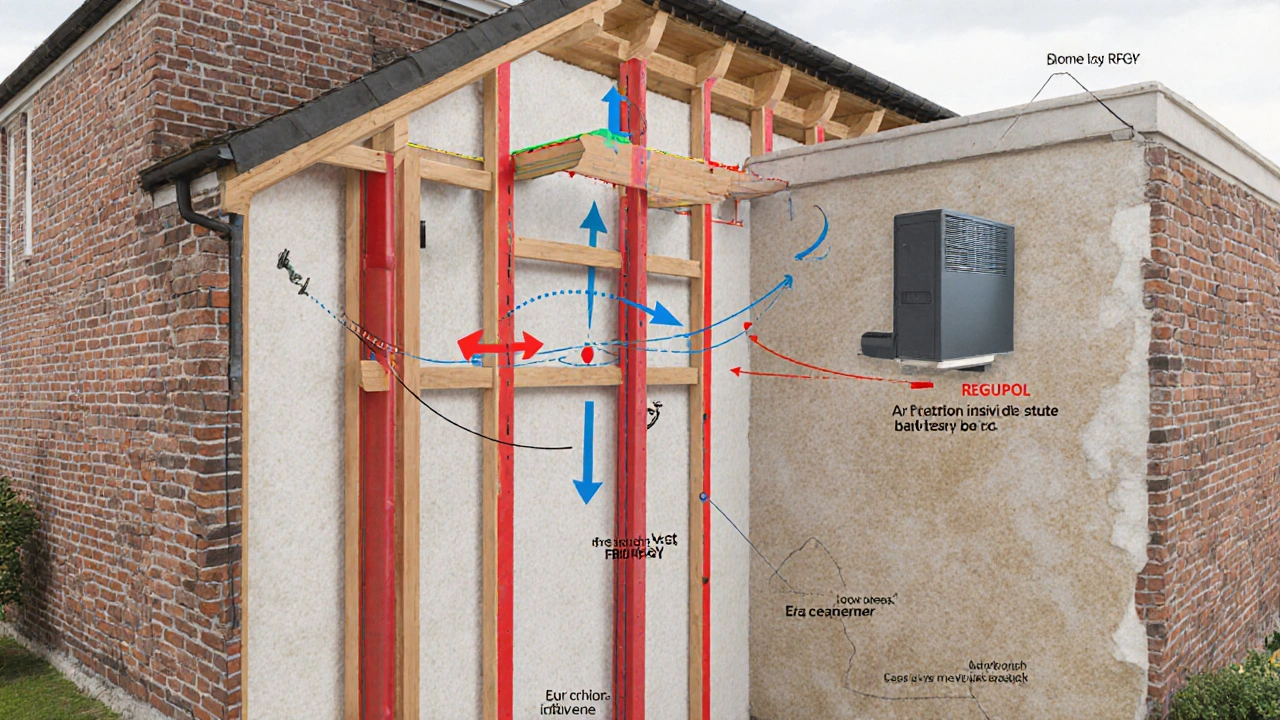 Querschnitt eines renovierten Hauses, der den Weg von Tiefenfrequenzen durch Dämmung und Baumaterialien zeigt, mit Isolierpads an kritischen Stellen.