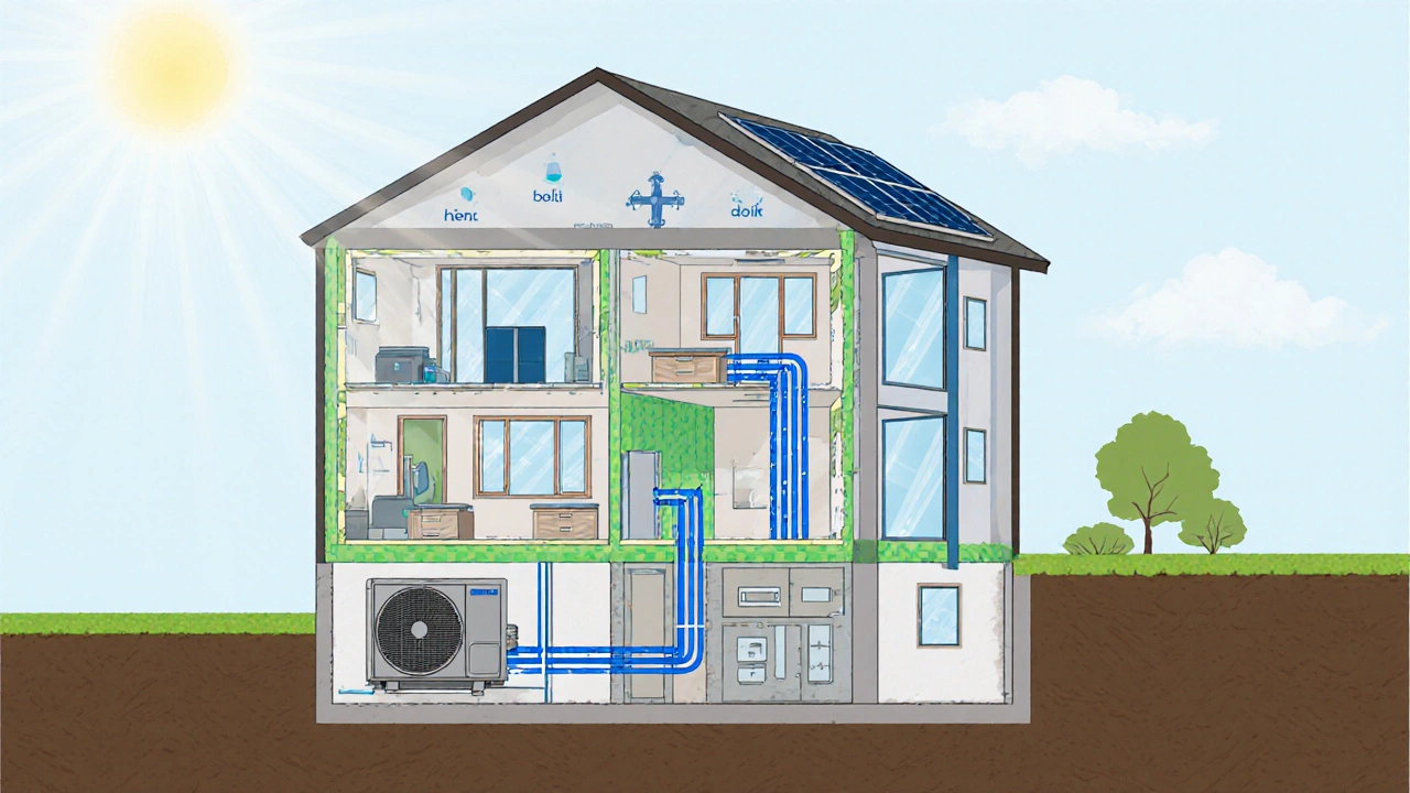 Querschnitt zeigt Dämmung, neue Fenster, Heizung und Solarpaneele im Haus.