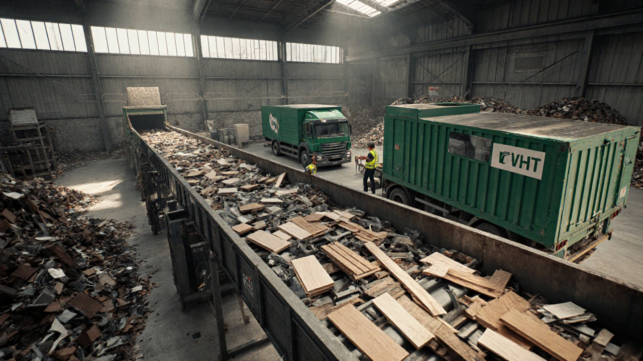 Recyclinganlage trennt Holz, Metall und Kunststoff von Möbeln.