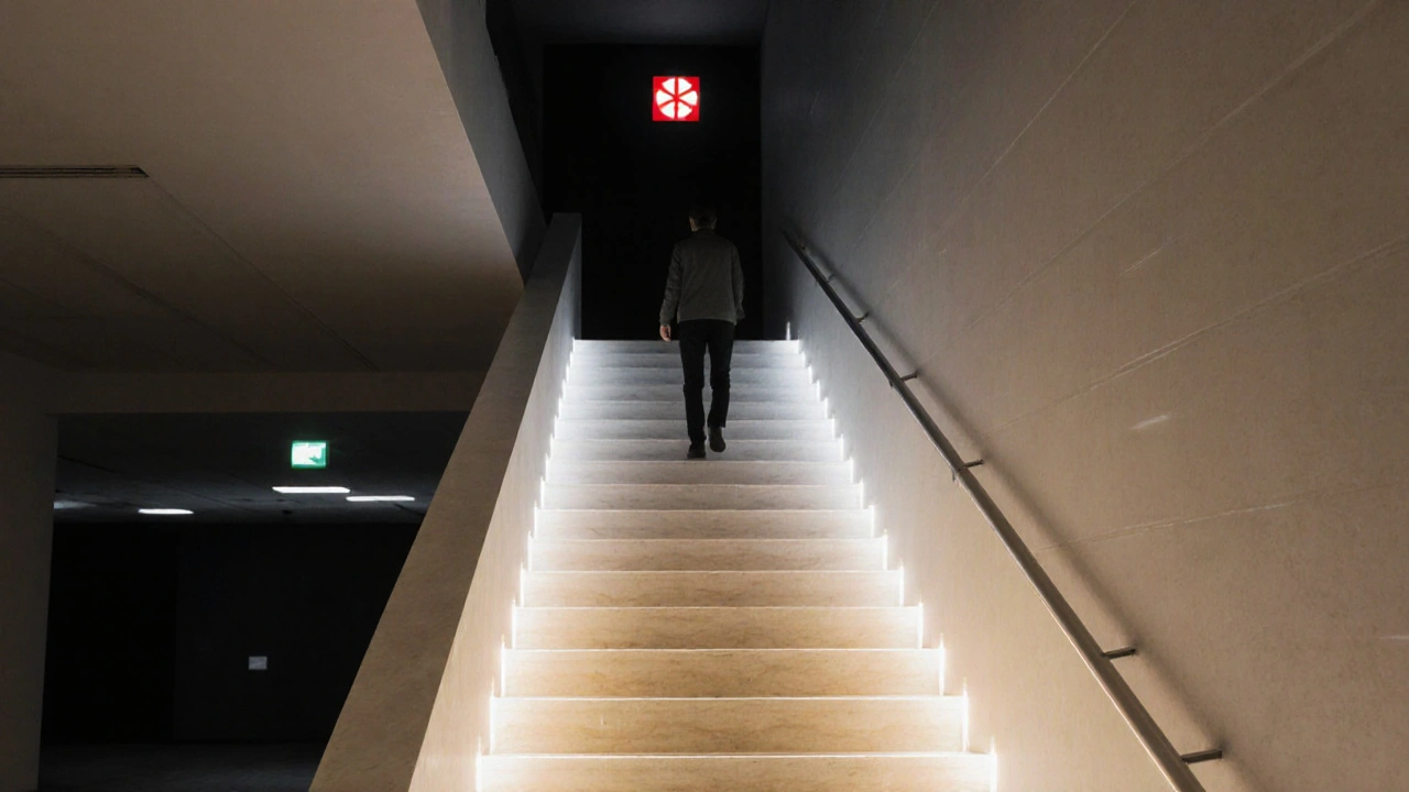 Staircase with adaptive lighting shifting from cool to warm white, activated by motion and backed by emergency power.