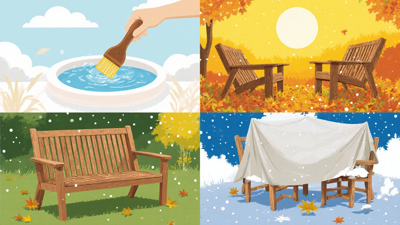 Teakmöbel im Jahresverlauf: Frühling, Sommer, Herbst, Winter.