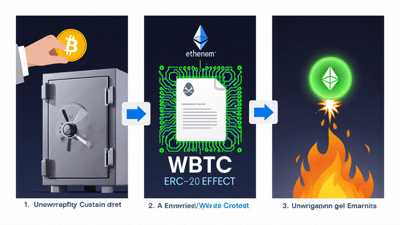 Three‑panel storyboard of depositing BTC, minting WBTC, and unwrapping back to BTC.