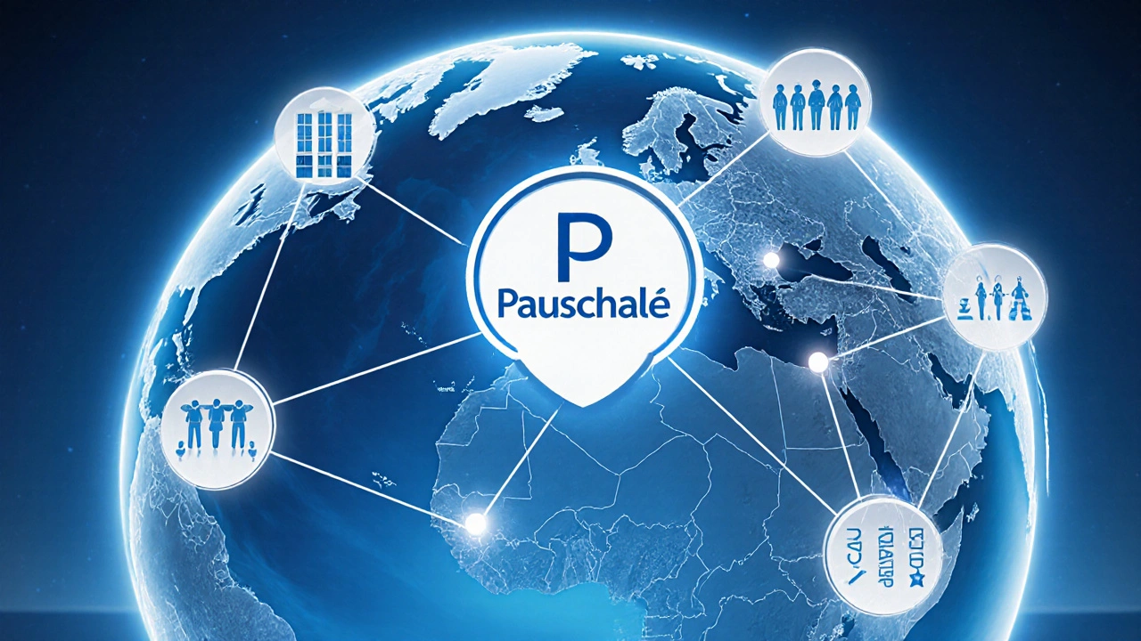 Transparenz-Globus mit lokalen Teams und Pauschalpreis-Symbol in Europa.