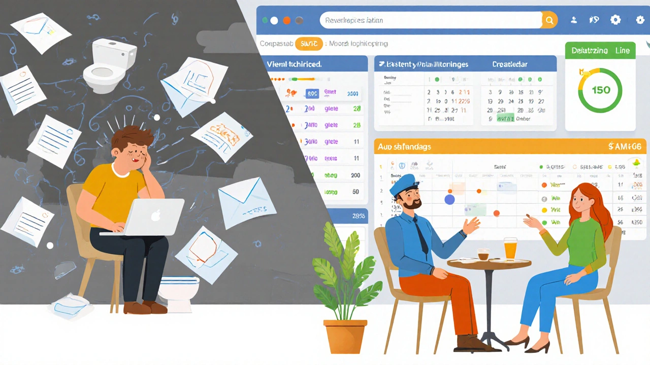 Vergleich: gestresster Eigentümer zu Hause vs. ruhiger Eigentümer mit digitalem Dashboard.