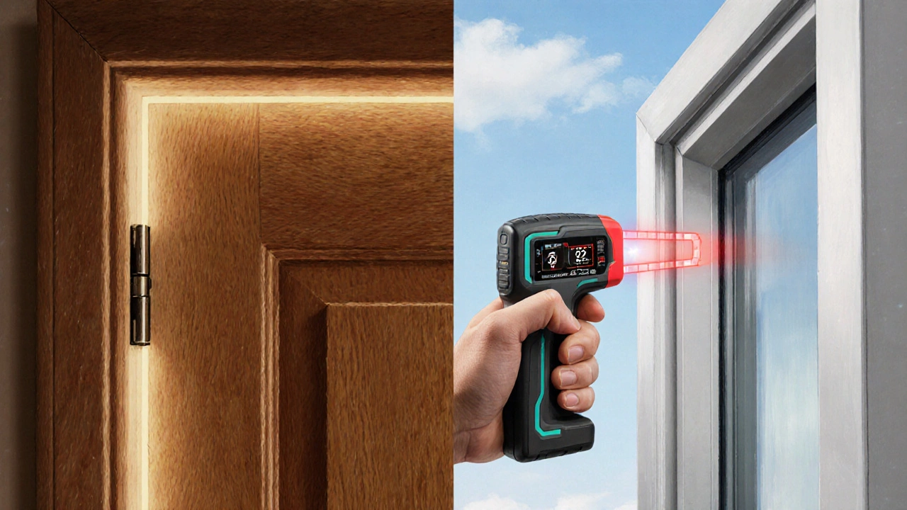 Vergleich von Innen‑ und Außenzarge: Holz vs. Aluminium, Laser‑Entfernungsmesser.