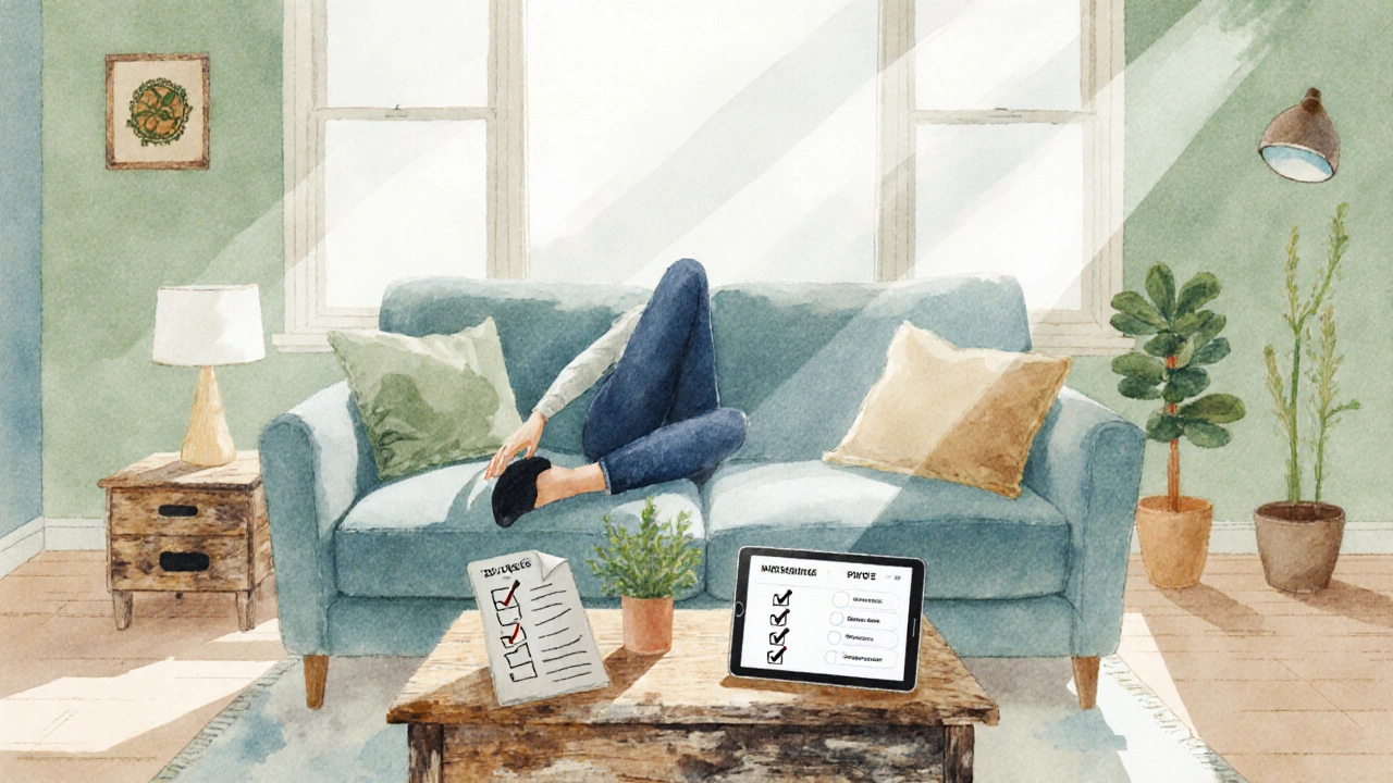 Wohnzimmer mit getesteter nachhaltiger Couch, Checklistenpapier und Tablet, Sonne scheint.