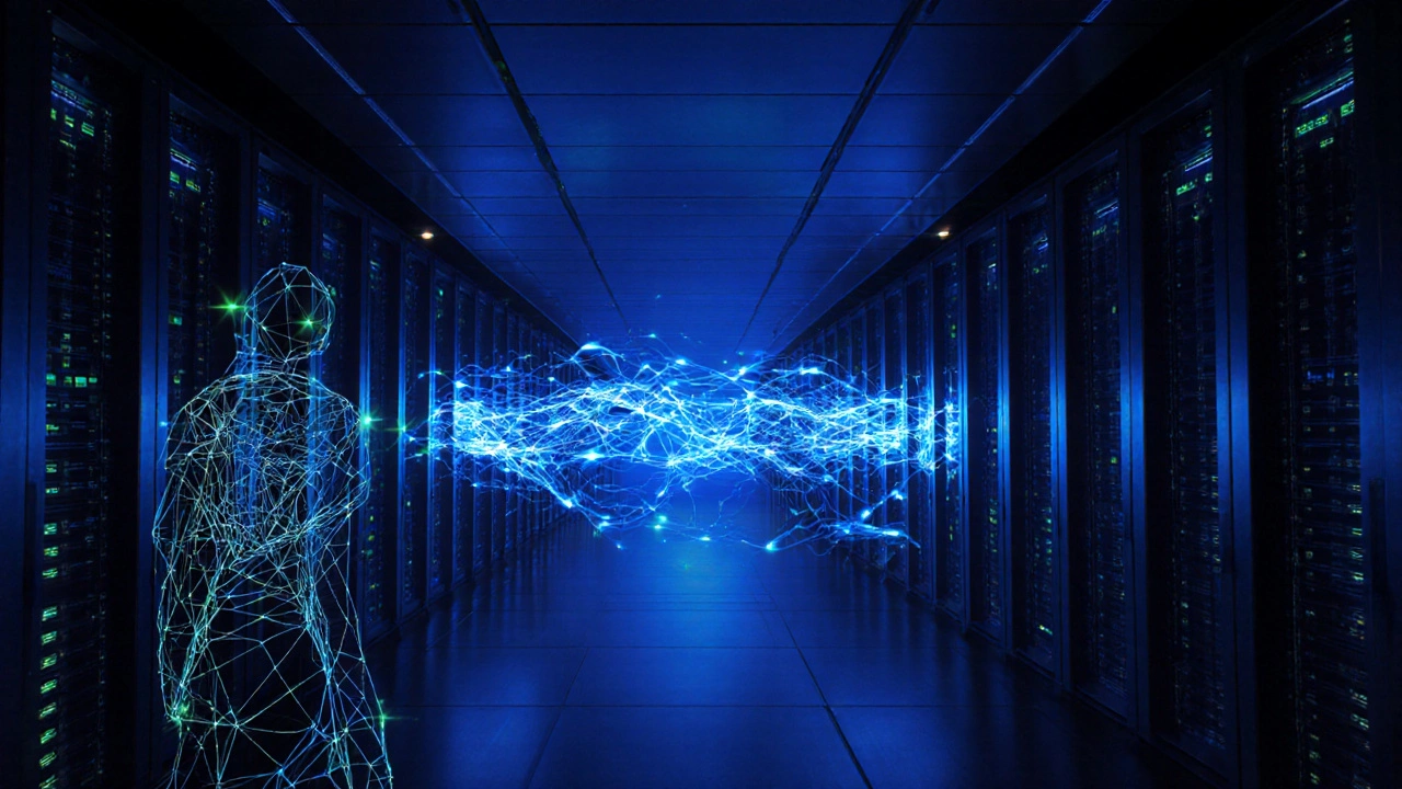 Zero‑Knowledge‑Bridge als leuchtender Daten‑Tunnel, AI überwacht Risiken.