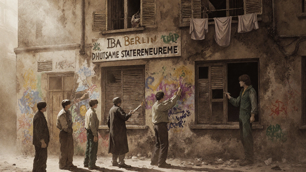 Aktivisten sanieren ein altes Haus in Berlin-Kreuzberg, malen Murale und reparieren Balkone.