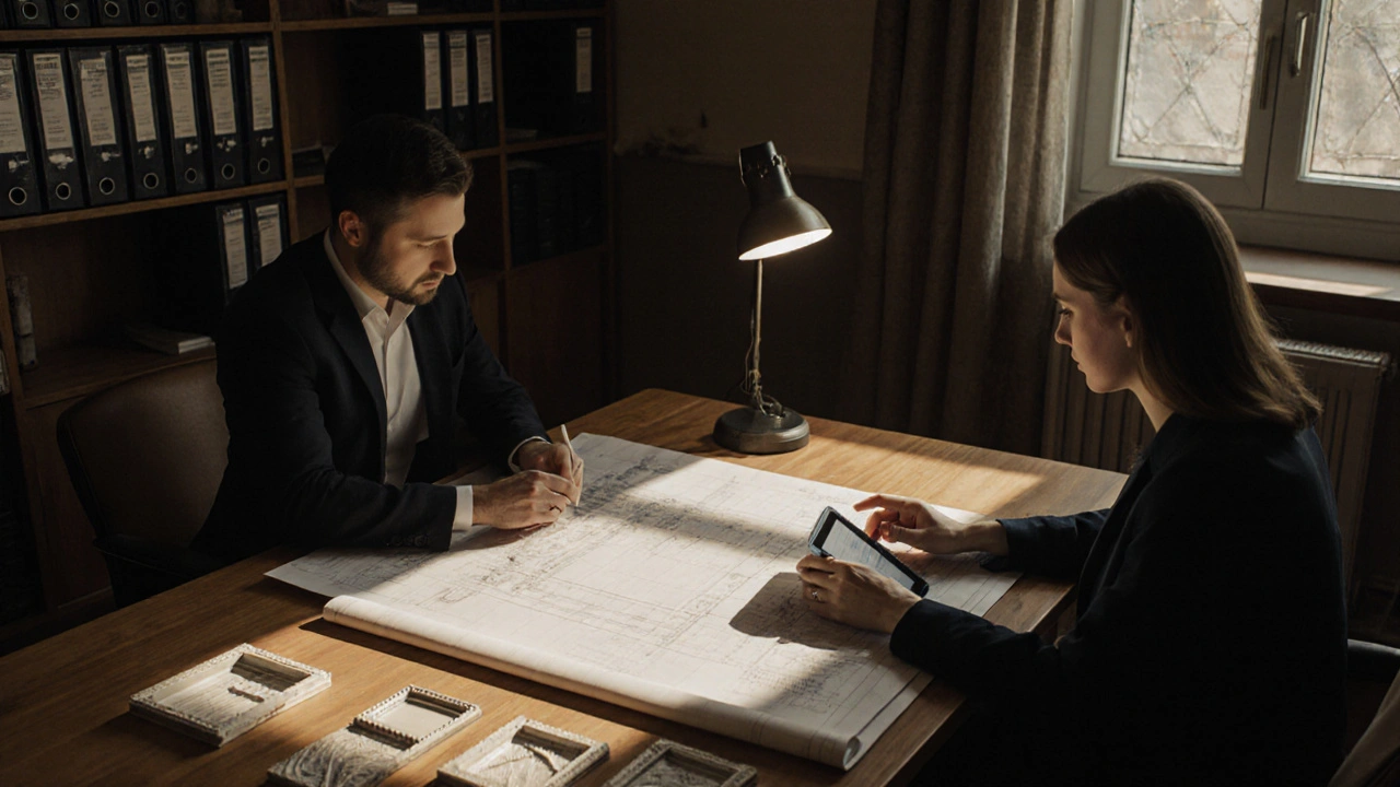 Architekt und Denkmalschutzbeauftragter besprechen Pläne und Materialproben in einem Amtszimmer.