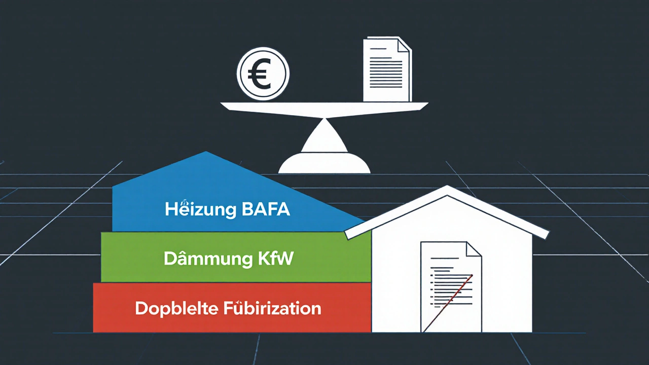Architektonische Skizze eines Hauses mit farbcodierten Sanierungsmaßnahmen und verbotener Doppelförderung.