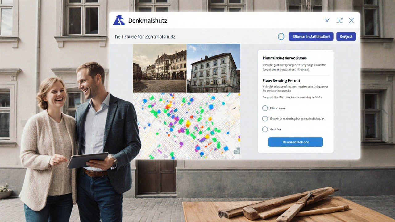 Digitales Genehmigungsportal mit KI-Vergleich von historischem und modernem Bauplan auf einem denkmalgeschützten Gebäude.