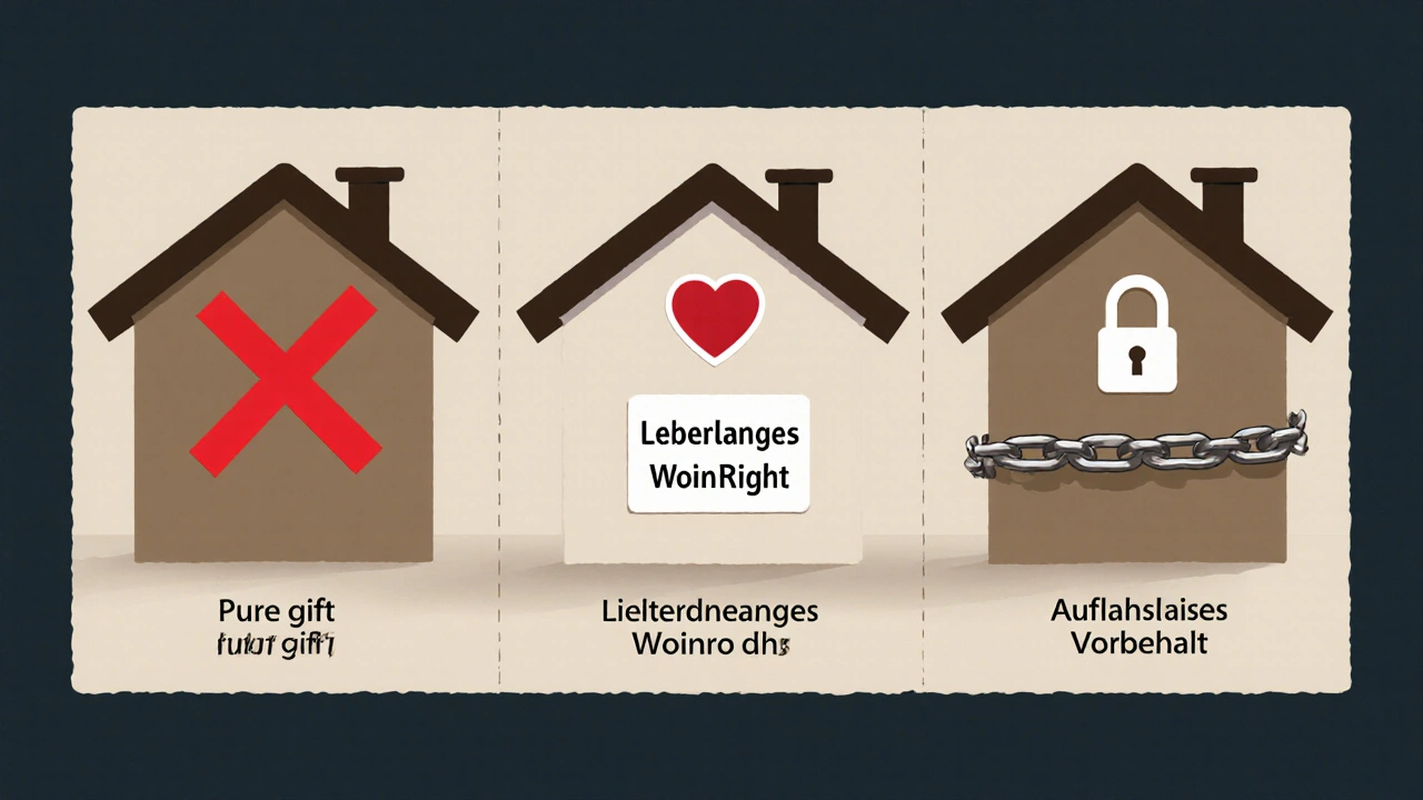 Drei rechtliche Modelle der Immobilienschenkung als visuelle Diagramme: reine Schenkung, gemischte Schenkung mit Wohnrecht, Auflassungsvorbehalt.