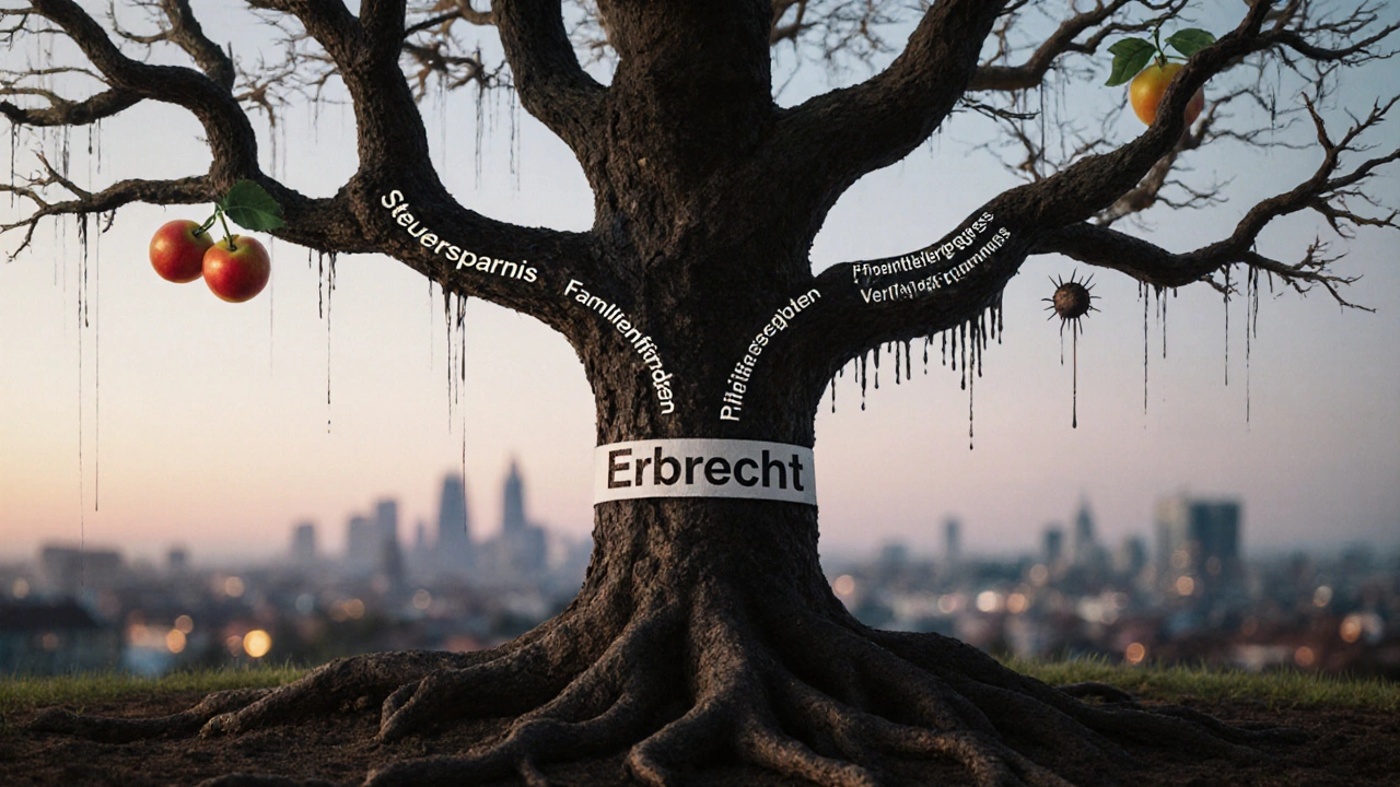 Ein Baum mit zwei Ästen: einer trägt Früchte der Steuervorteile, der andere Dornen der rechtlichen Risiken bei vorweggenommener Erbfolge.