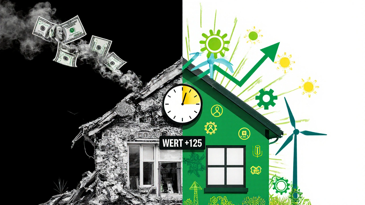 Ein gespaltenes Haus: eine Seite verfällt, die andere wird mit grüner Energie modernisiert.