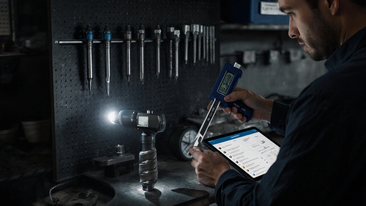 Ein Handwerker prüft die Kohlebürsten eines Elektrowerkzeugs mit einem Messschieber.