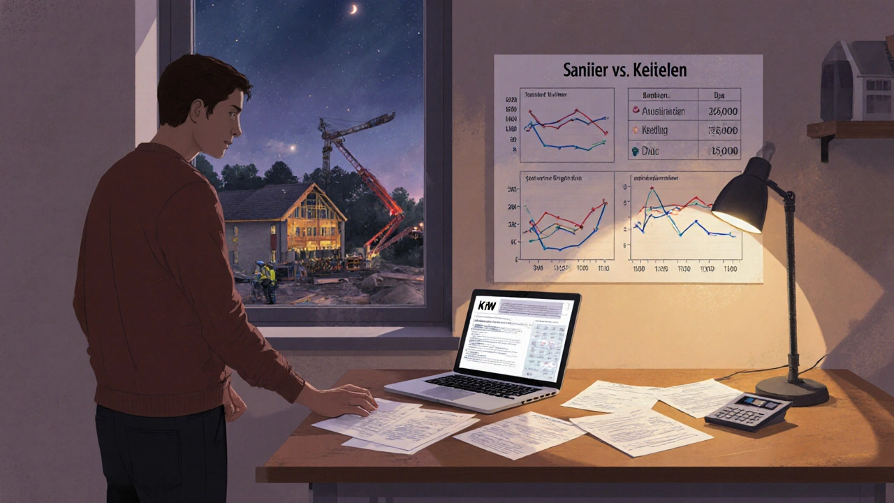 Ein Hausbesitzer analysiert Sanierungs- und Verkaufskosten an einem Tisch mit Förderungsunterlagen.