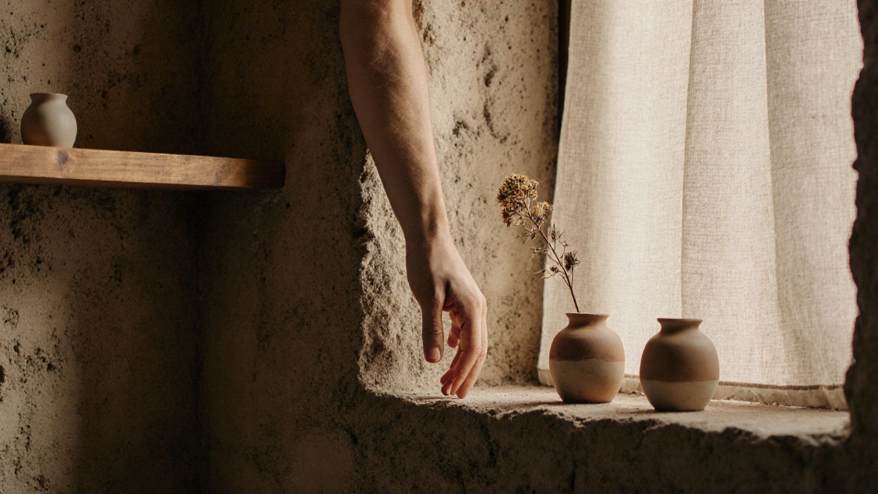 Eine Hand berührt eine raue Lehmputzwand mit einem Leinenvorhang im Hintergrund.