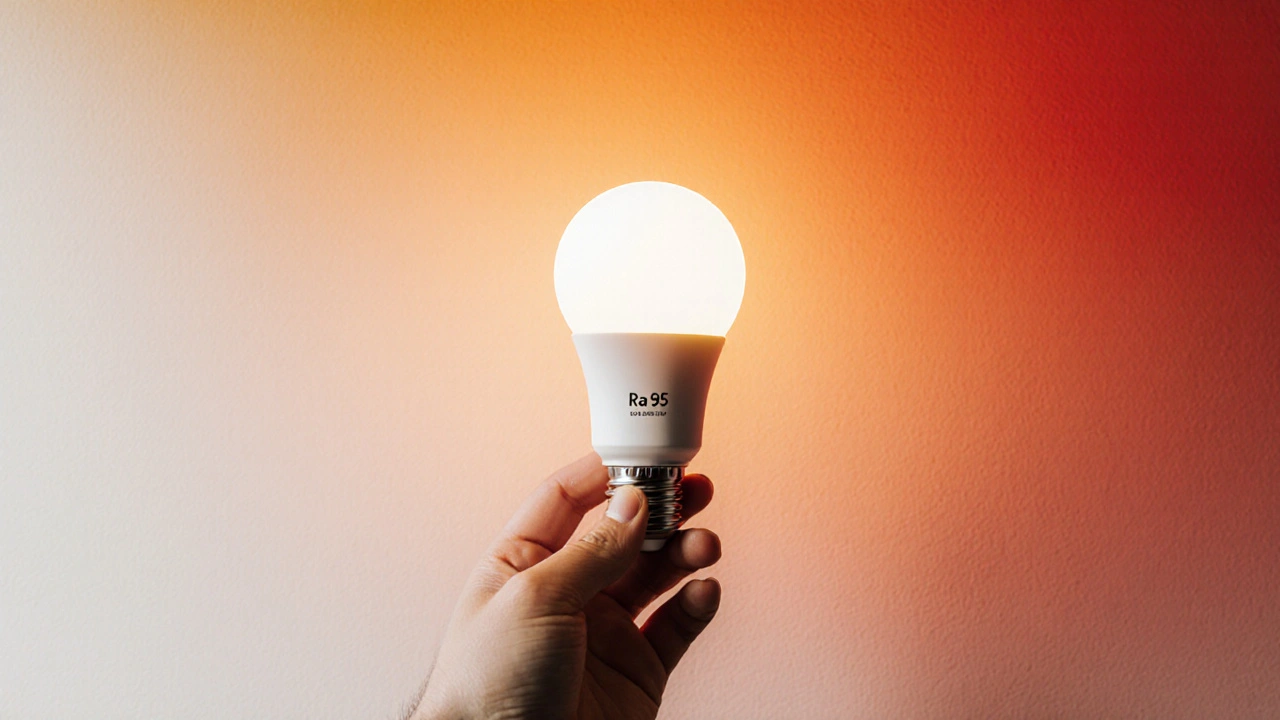 Eine intelligente LED-Leuchte über einer Wand, deren Farbe sich mit dem Tagesverlauf verändert.