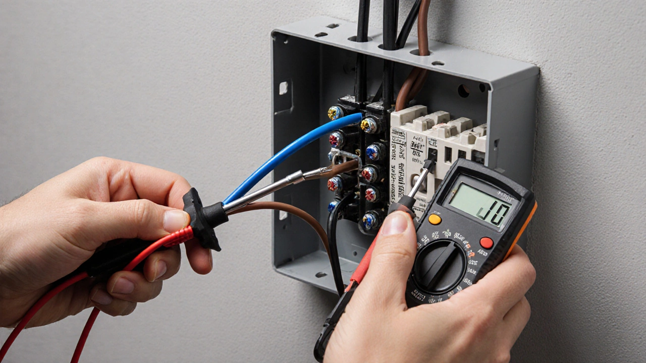 Elektriker verbindet farblich gekennzeichnete Kabel an einen Dimmerschalter in einer Wanddose