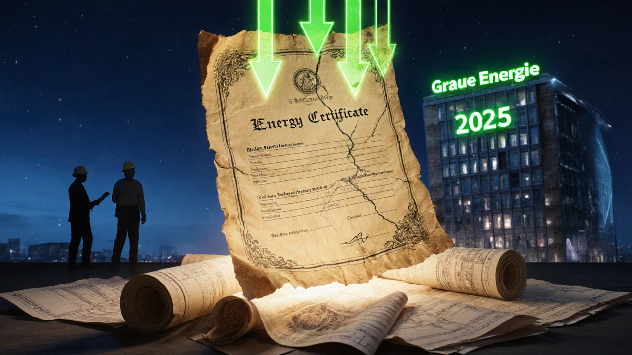 Energieausweis mit alten Bauplänen, Lichtstrahlen deuten auf 2025-Änderungen hin.