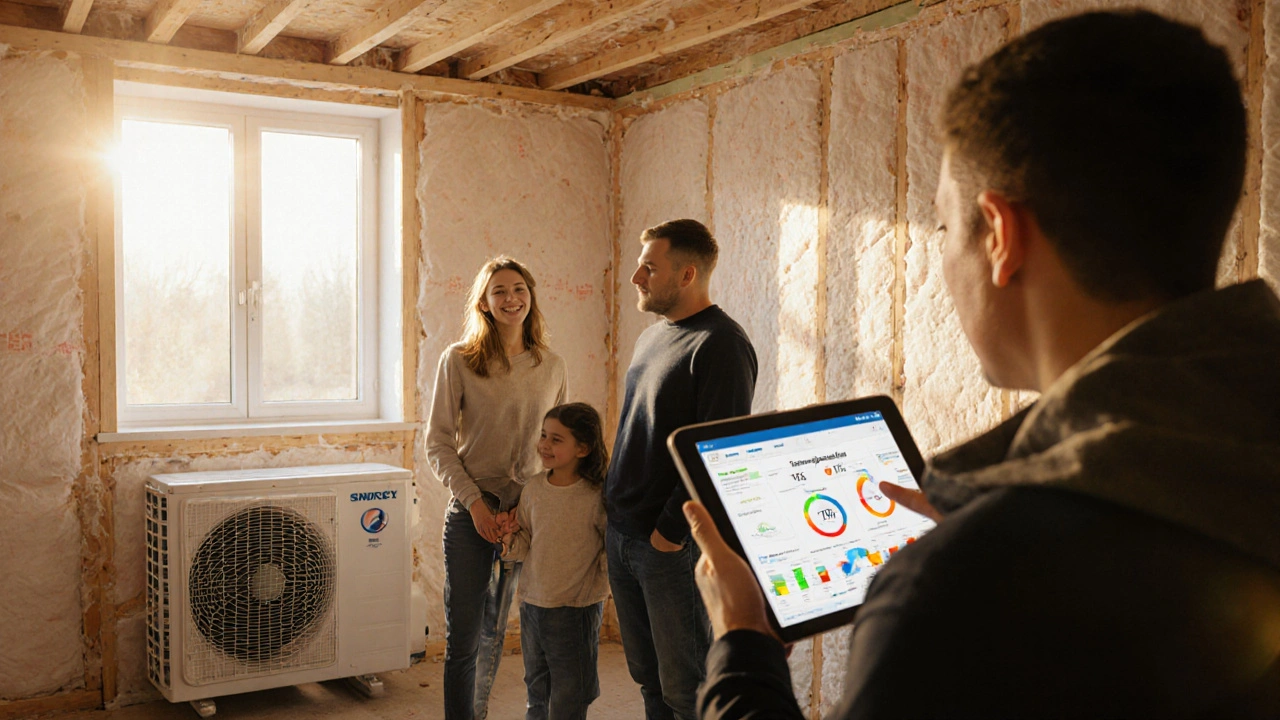 Familie in renoviertem Wohnzimmer vor neuen Fenstern, Wärmepumpe im Hintergrund, Energie-Display zeigt 75% Einsparung.