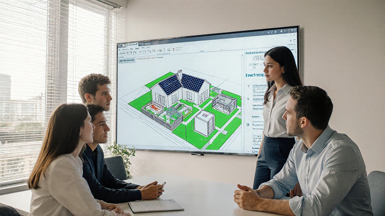 Familie und Bankberater analysieren digitales Immobilien-Gutachten mit Energieeffizienz-Hinweisen.