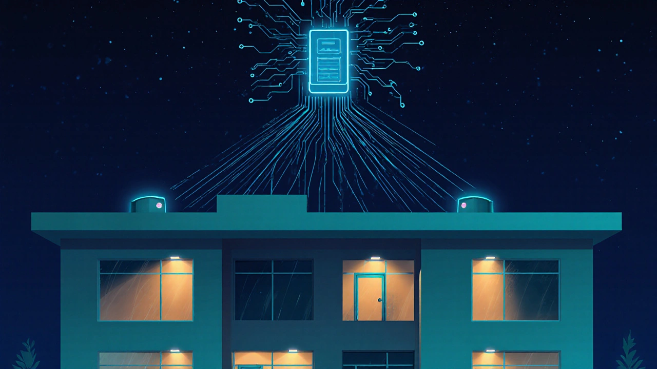 Fassade mit intelligenten Außenlichtern, die nur bei Bewegung aktiviert werden – nachts, in dunklem Umfeld.