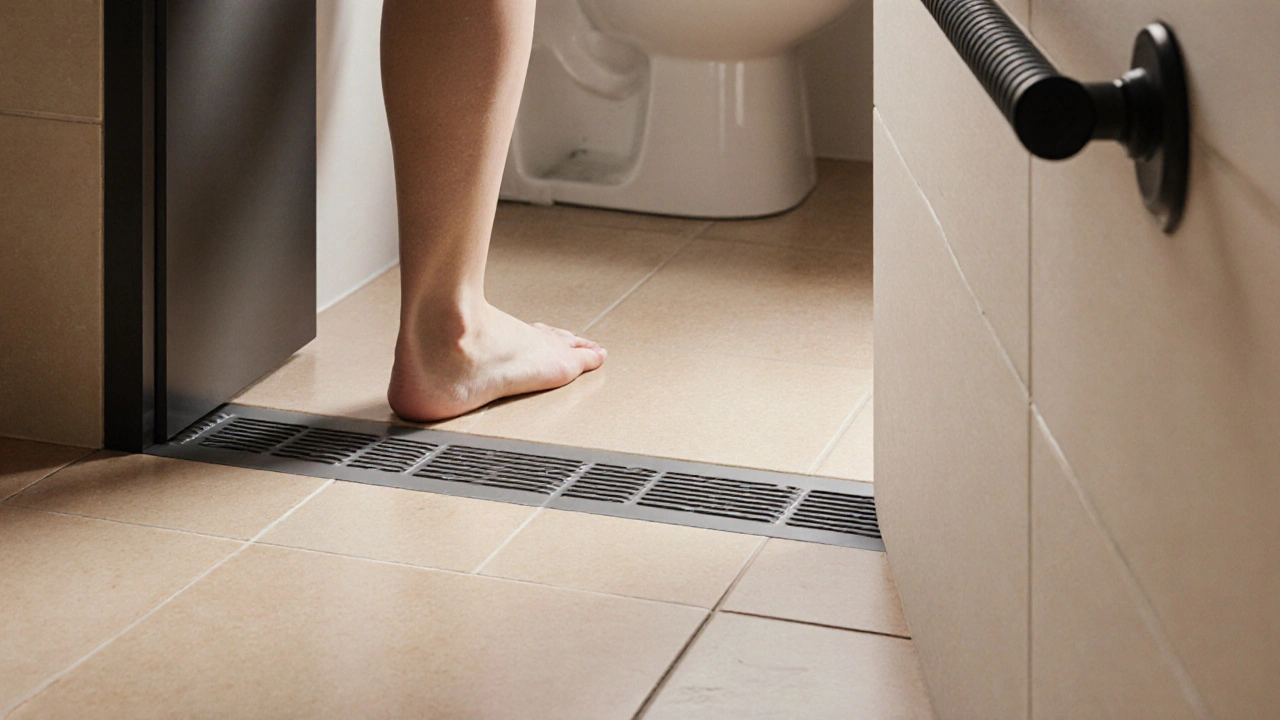 Führende Rippenstruktur auf dem Badezimmerboden, die zur Toilette führt, mit einem barfüßigen Fuß darauf.