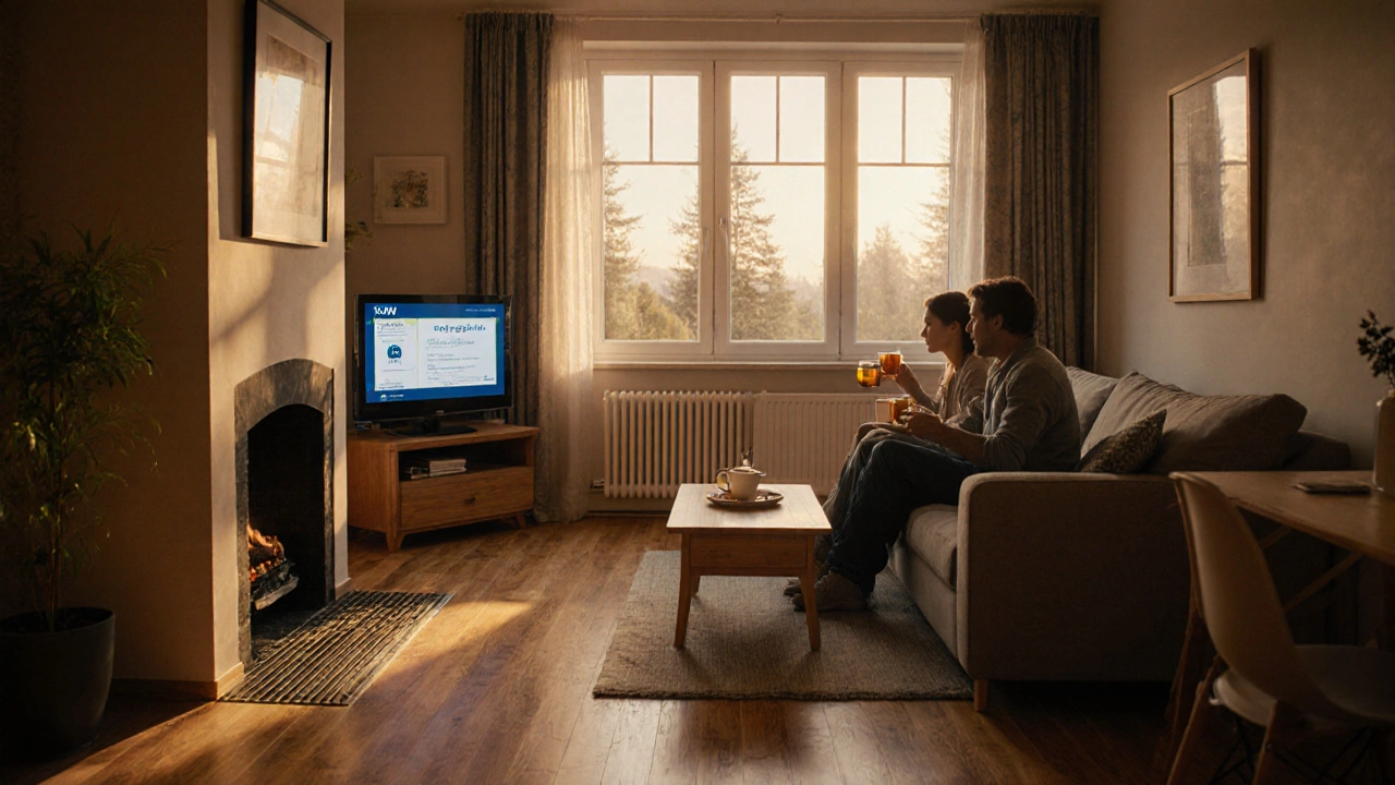Gemütliches Wohnzimmer mit niedrigem Energieverbrauch und KfW-Zertifikat an der Wand.