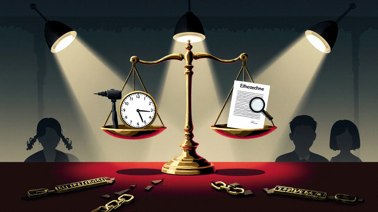 Gerichtsbalance mit Baugeräten gegen Dokumentation und Brief, silhouetten von Nachbarn, symbolische gebrochene Ketten der Ruhezeiten.