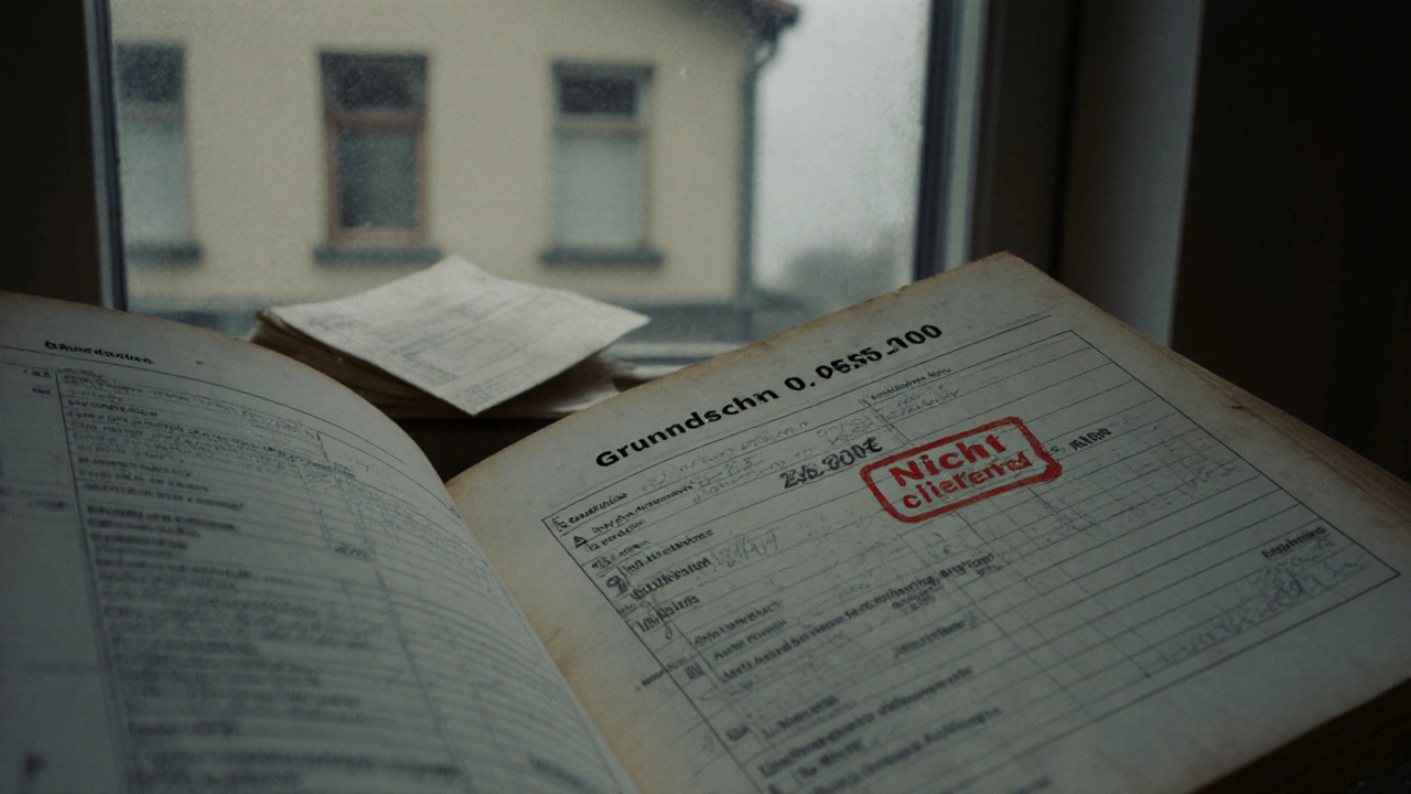 Grundbuch-Eintrag einer nicht gelöschten Grundschuld mit rotem Stempel.