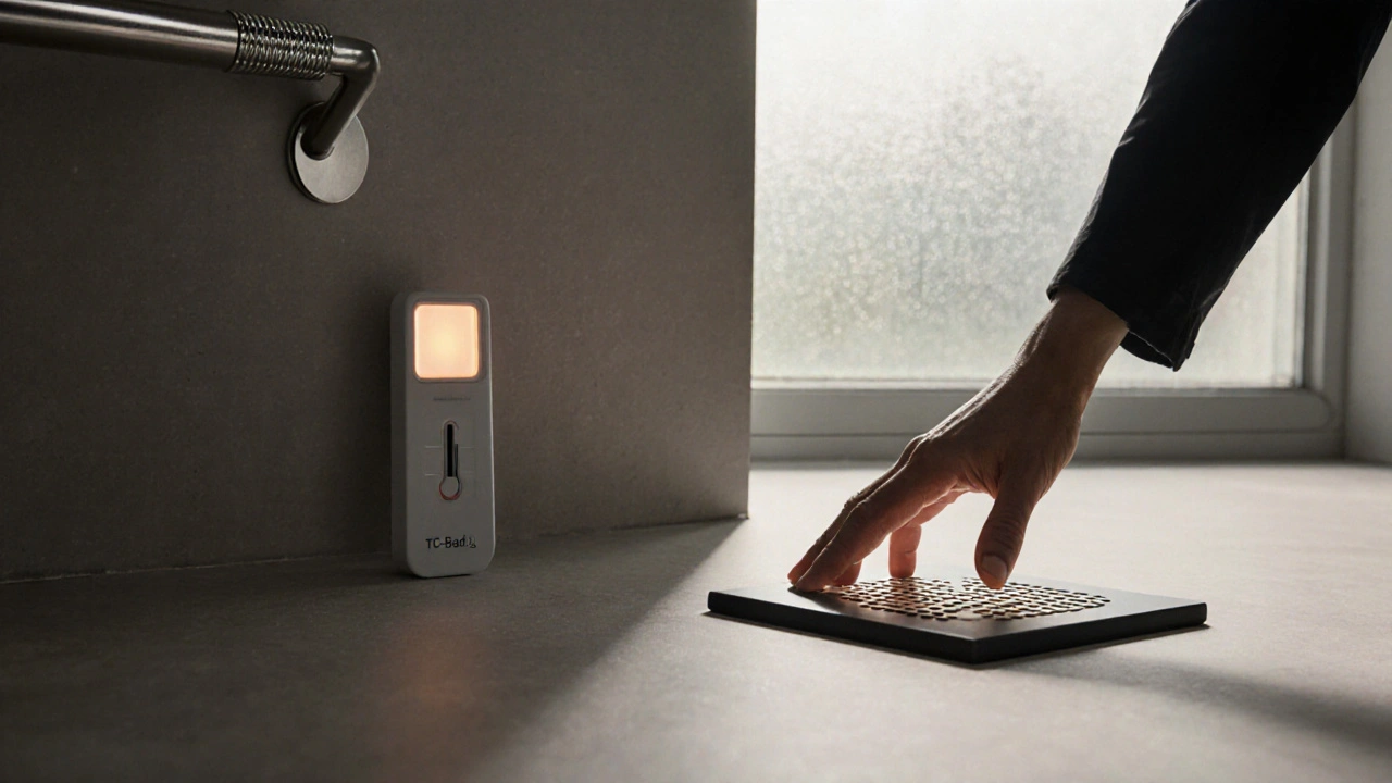 Hand berührt einen taktilen Bodenindikator und einen geriffelten Haltegriff mit leichtem Temperaturwarnlicht.