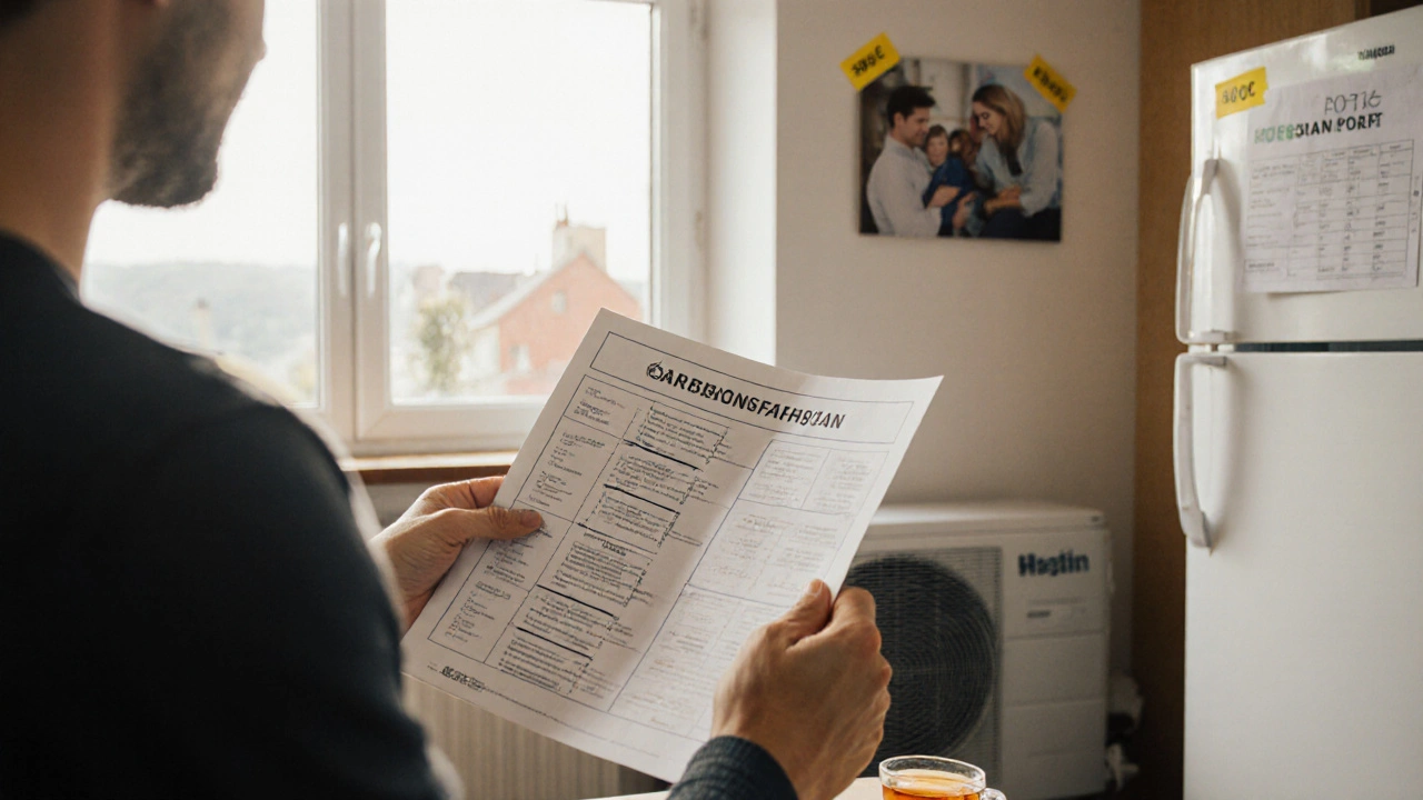 Hausbesitzer hält Sanierungsfahrplan in Wohnzimmer mit neuen Fenstern und sparsamer Heizung.