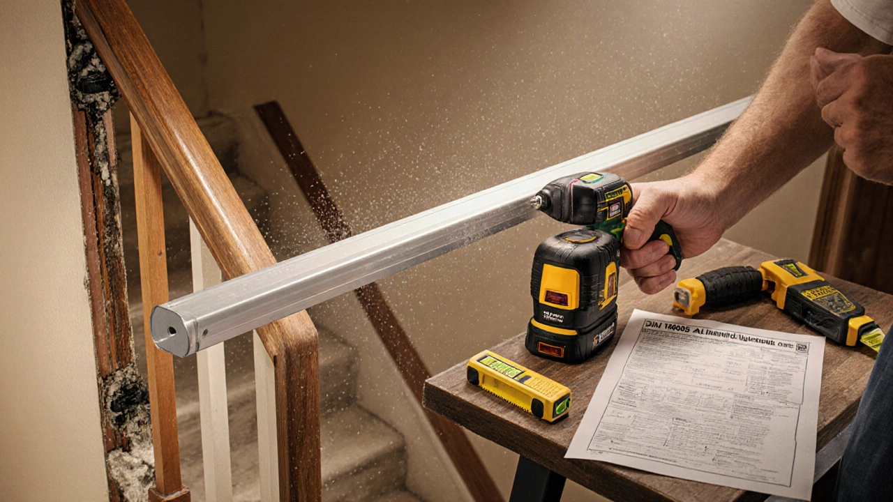 Hausbesitzer installiert mit Laserwaage einen Aluminium-Handlauf, alte und neue Variante nebeneinander.