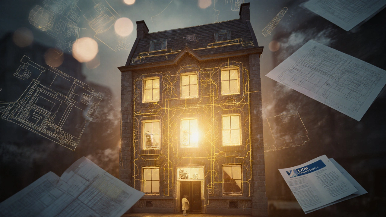 Historisches Gebäude strahlt warmes Licht aus, symbolisiert Erhaltung und moderne Energieeffizienz.